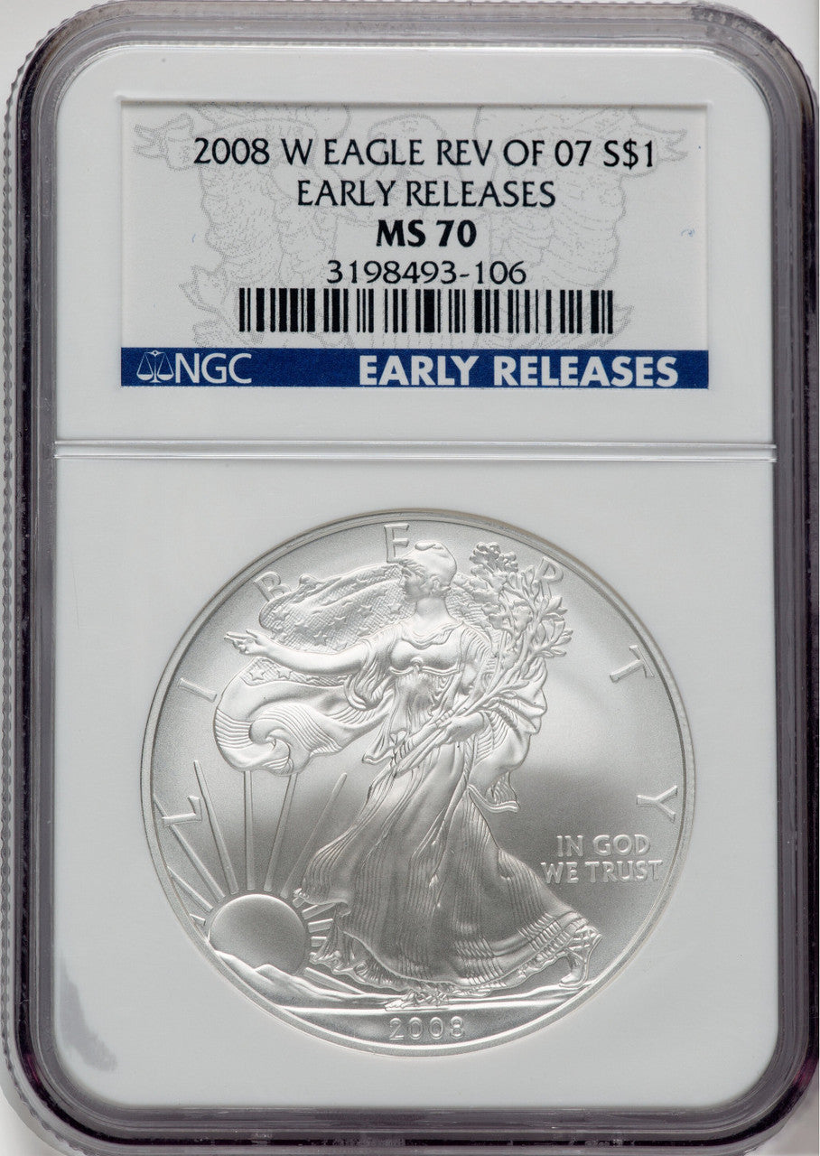 2008-W S$1 Silver Eagle Reverse of 2007 Burnished First Strike NGC MS70