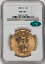 1923-D $20 CAC NGC Plus Saint-Gaudens Double Eagle NGC MS63+