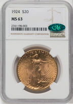 1924 $20 Saint CAC Saint-Gaudens Double Eagle NGC MS63