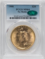 1908 $20 NO MOTTO CAC Saint-Gaudens Double Eagle PCGS MS64
