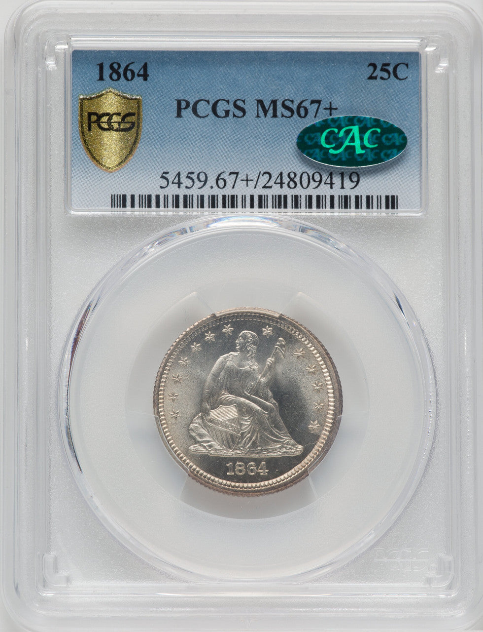 1864 25C CAC Seated Quarter PCGS MS67+