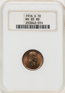 1916-S 1C RD Lincoln Cent NGC MS65