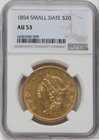 1854 $20 Small Date Liberty Double Eagle NGC AU53