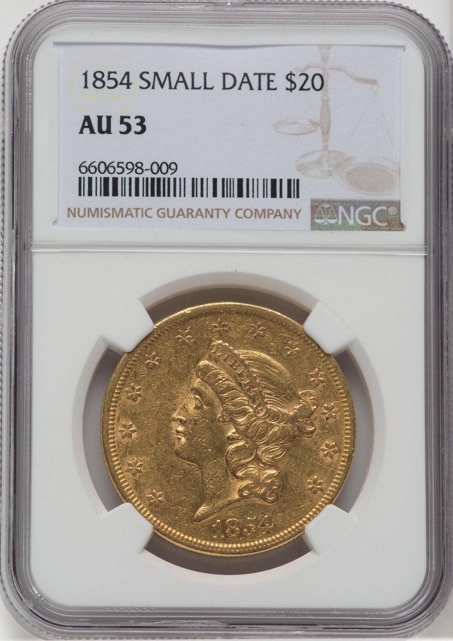 1854 $20 Small Date Liberty Double Eagle NGC AU53