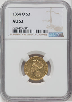 1854-O $3 Three Dollar Gold Pieces NGC AU53