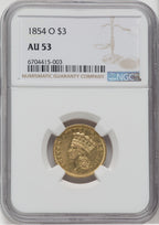 1854-O $3 Three Dollar Gold Pieces NGC AU53