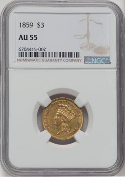 1859 $3 Three Dollar Gold Pieces NGC AU55