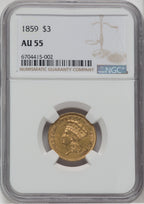 1859 $3 Three Dollar Gold Pieces NGC AU55