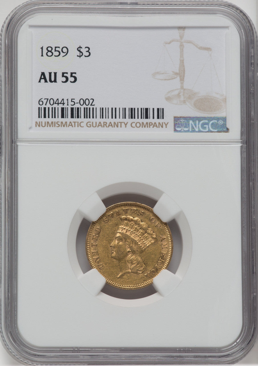 1859 $3 Three Dollar Gold Pieces NGC AU55