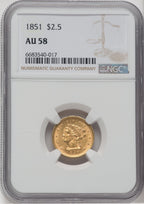 1851 $2.50 Liberty Quarter Eagle NGC AU58