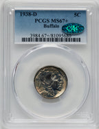 1938-D 5C Buffalo CAC Buffalo Nickel PCGS MS67+