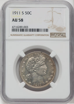 1911-S 50C Barber Half Dollar NGC AU58