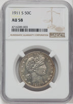 1911-S 50C Barber Half Dollar NGC AU58
