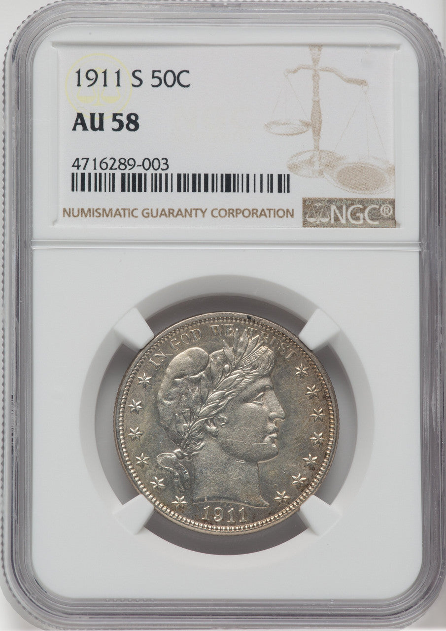 1911-S 50C Barber Half Dollar NGC AU58