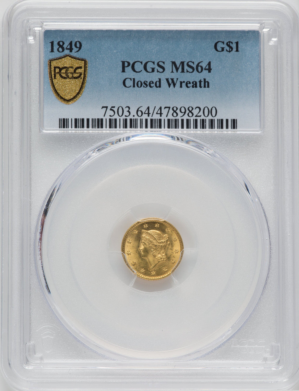 1849 G$1 Closed Wreath Gold Dollar PCGS MS64
