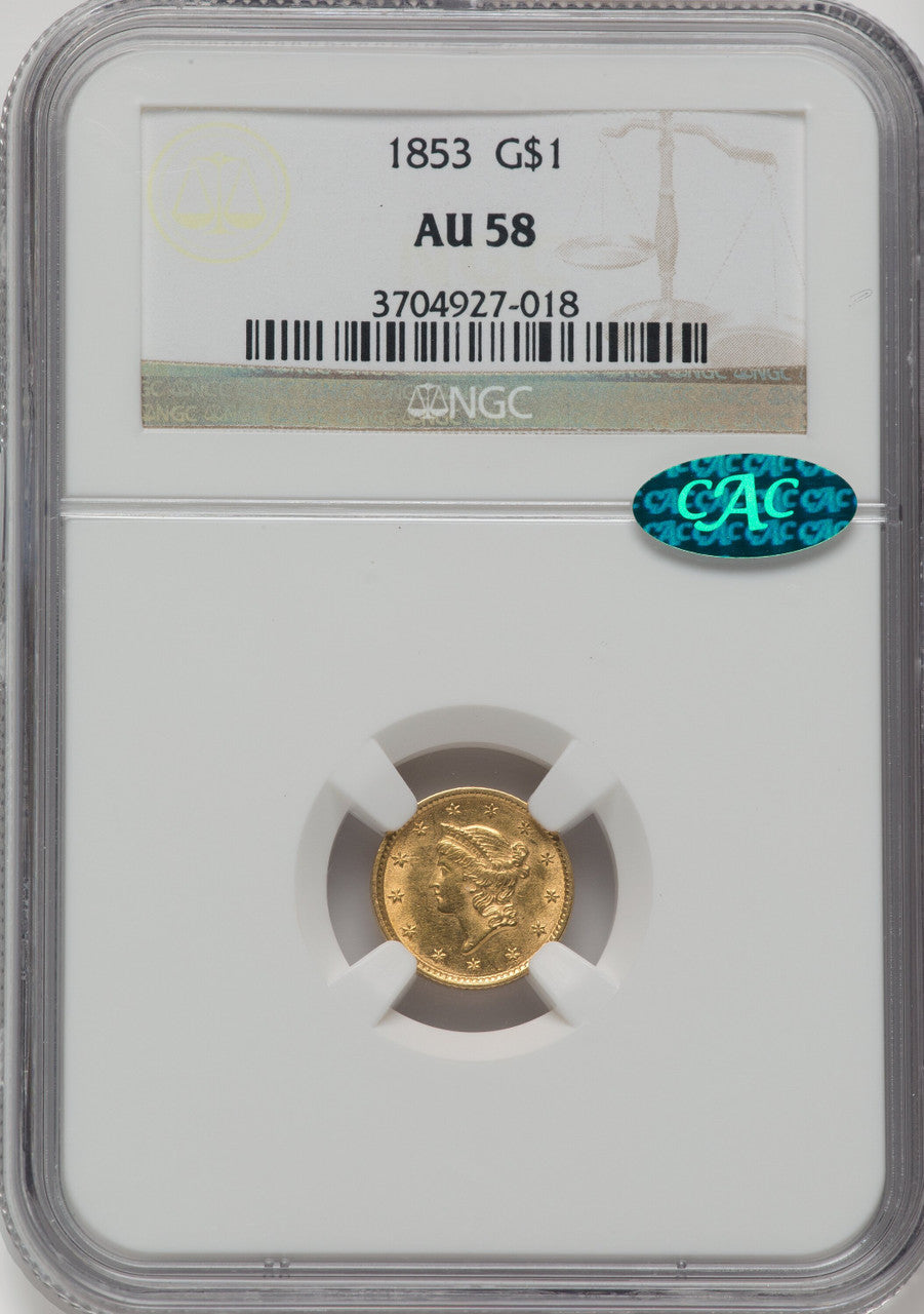 1853 G$1 CAC Gold Dollar NGC AU58