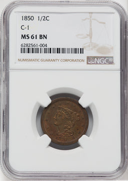1850 1/2 C C-1 BN Half Cent NGC MS61