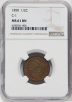 1850 1/2 C C-1 BN Half Cent NGC MS61