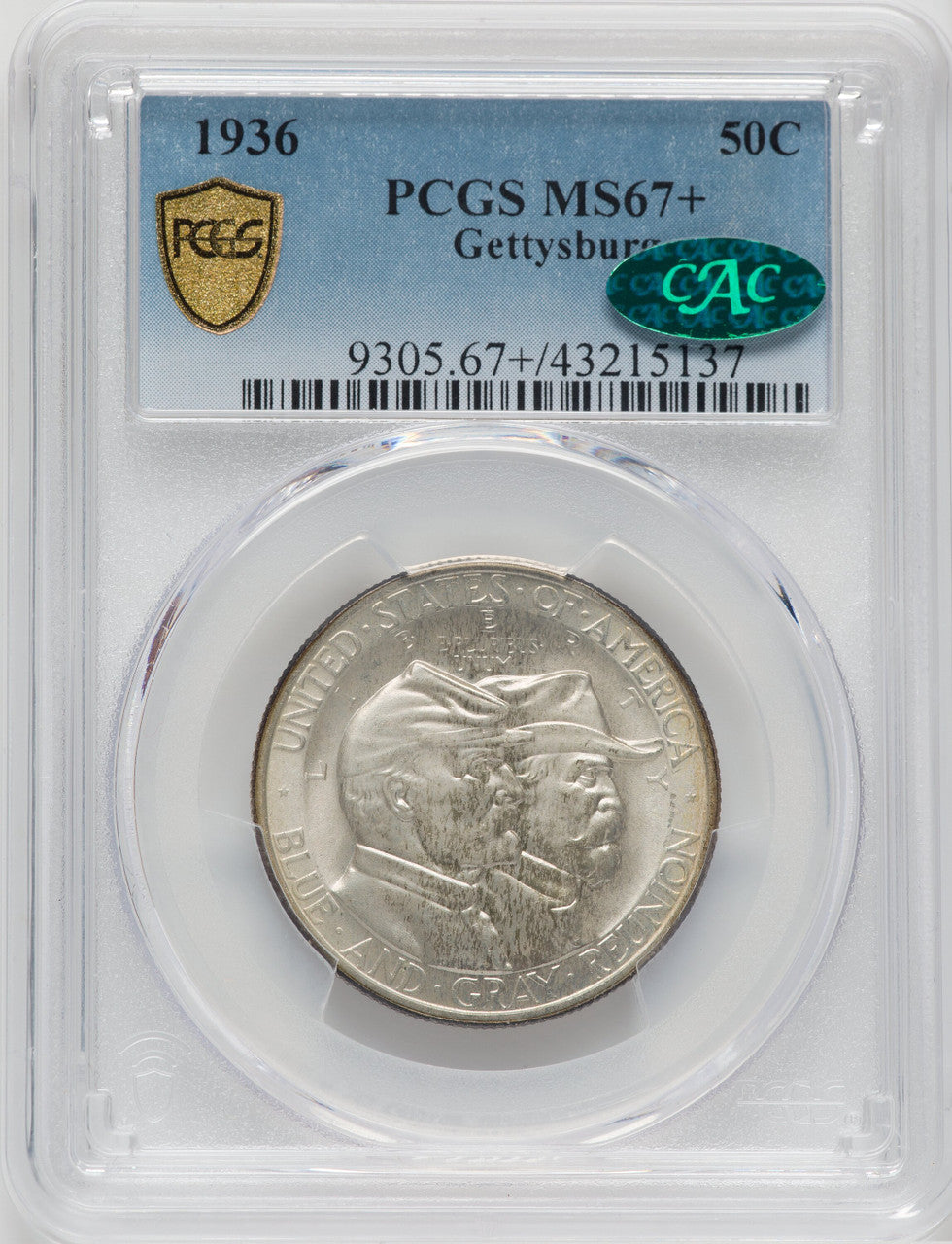 1936 50C Gettysburg CAC Commemorative Silver PCGS MS67+
