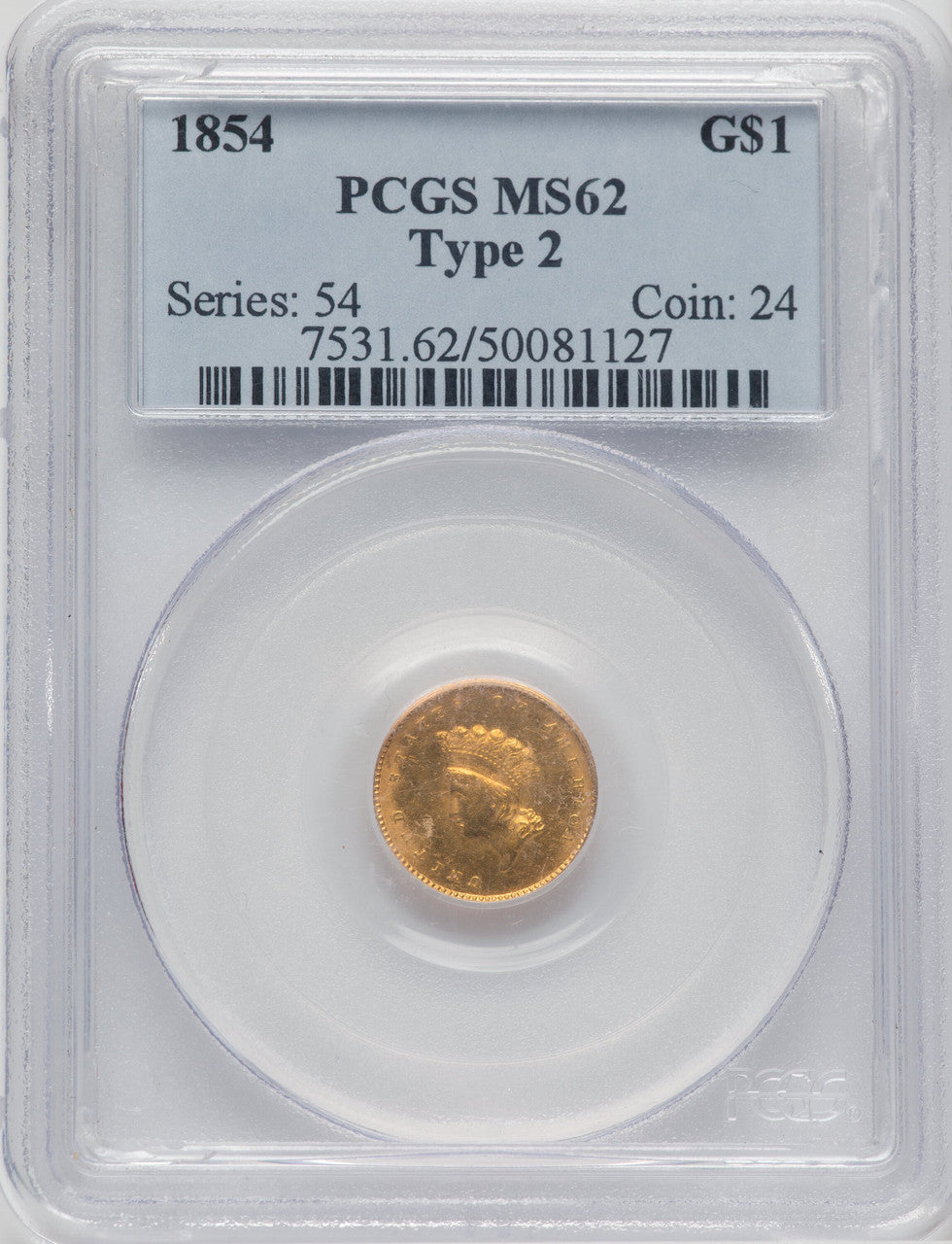 1854 G$1 Type Two Gold Dollar PCGS MS62