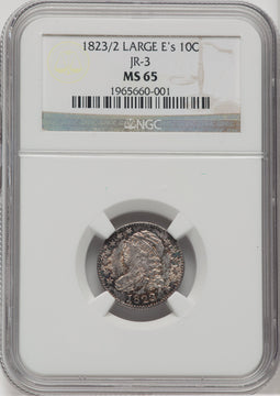 1823/2 10C Large E's JR-3 Bust Dime NGC MS65