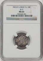 1823/2 10C Large E's JR-3 Bust Dime NGC MS65