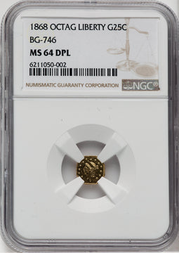 1868 25C BG-746 MSPL California Fractional Gold NGC MS64
