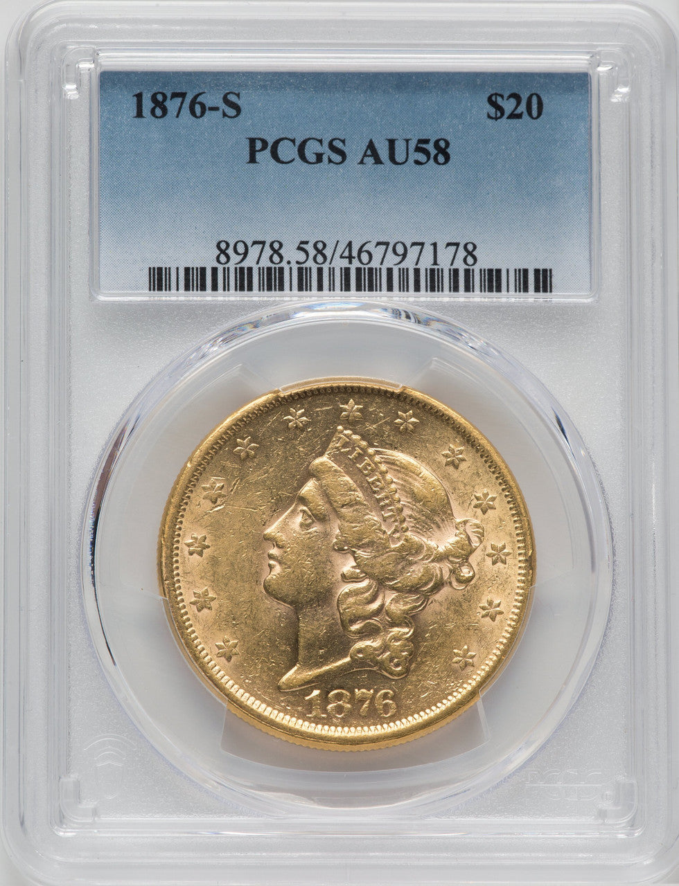 1876-S $20 Liberty Double Eagle PCGS AU58