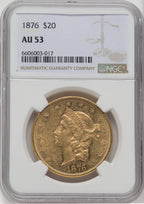 1876 $20 Liberty Double Eagle NGC AU53