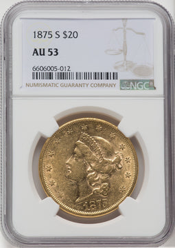 1875-S $20 Liberty Double Eagle NGC AU53