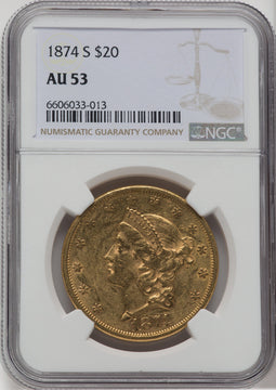 1874-S $20 Liberty Double Eagle NGC AU53