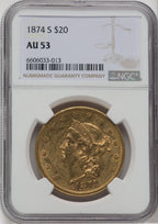 1874-S $20 Liberty Double Eagle NGC AU53
