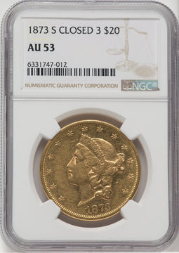 1873-S $20 Closed 3 Liberty Double Eagle NGC AU53