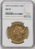 1873-S $20 Closed 3 Liberty Double Eagle NGC AU53