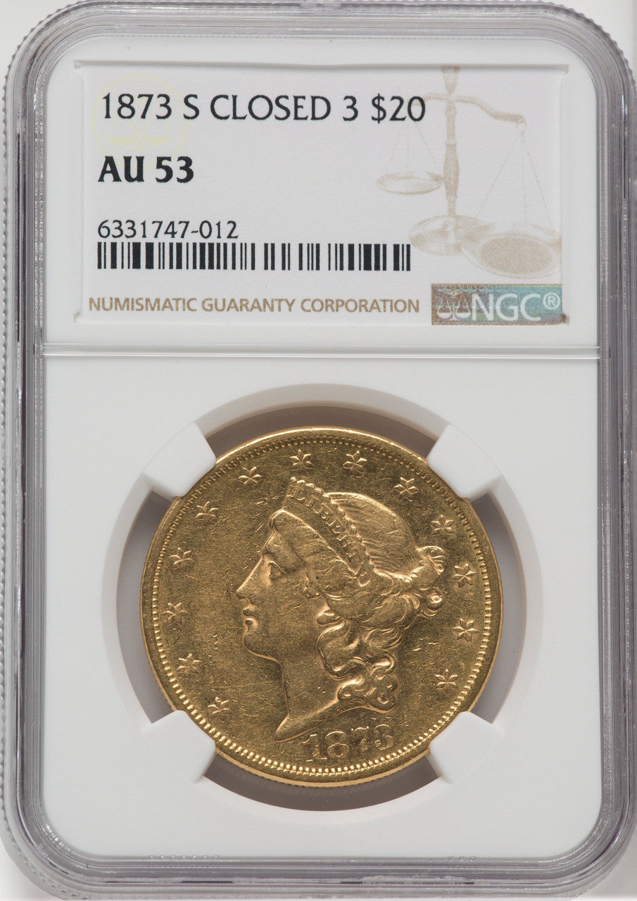 1873-S $20 Closed 3 Liberty Double Eagle NGC AU53