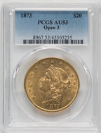 1873 $20 OPEN 3 Liberty Double Eagle PCGS AU53