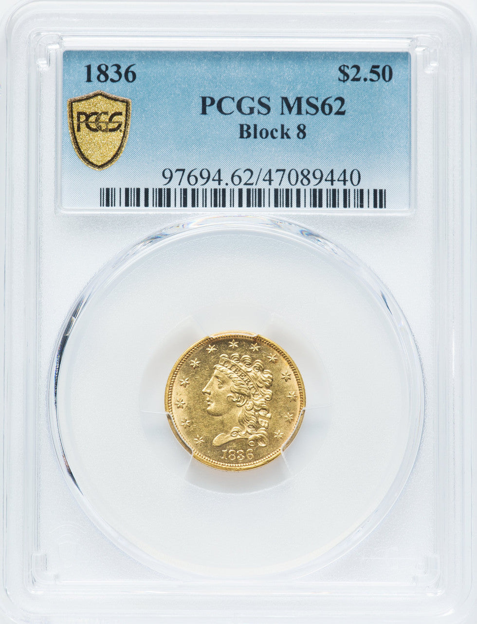 1836 $2.50 Block 8 Classic Quarter Eagle PCGS MS62