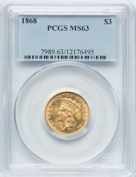 1868 $3 Three Dollar Gold Pieces PCGS MS63
