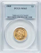 1868 $3 Three Dollar Gold Pieces PCGS MS63