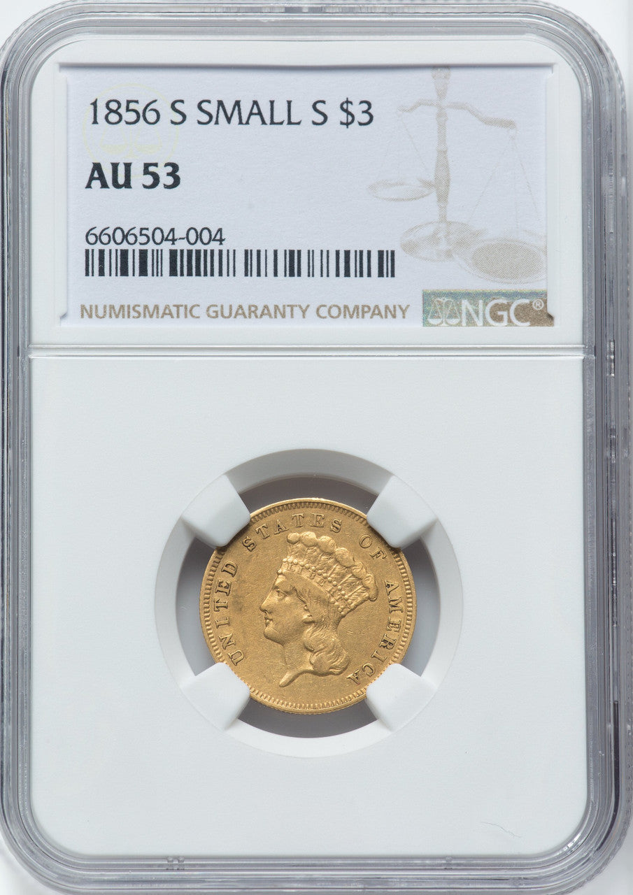 1856-S $3 Three Dollar Gold Pieces NGC AU53