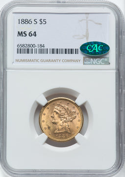 1886-S $5 CAC Liberty Half Eagle NGC MS64 (762275011)