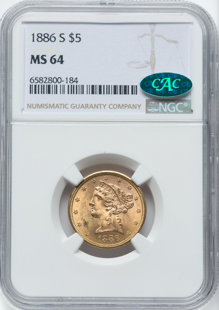 1886-S $5 CAC Liberty Half Eagle NGC MS64 (762275011)