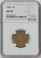 1843 $5 Liberty Half Eagle NGC AU50
