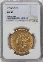 1855-S $20 Liberty Double Eagle NGC AU53
