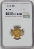 1854-O $2.50 Liberty Quarter Eagle NGC AU53