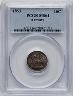 1853 10C Arrows Seated Dime PCGS MS64