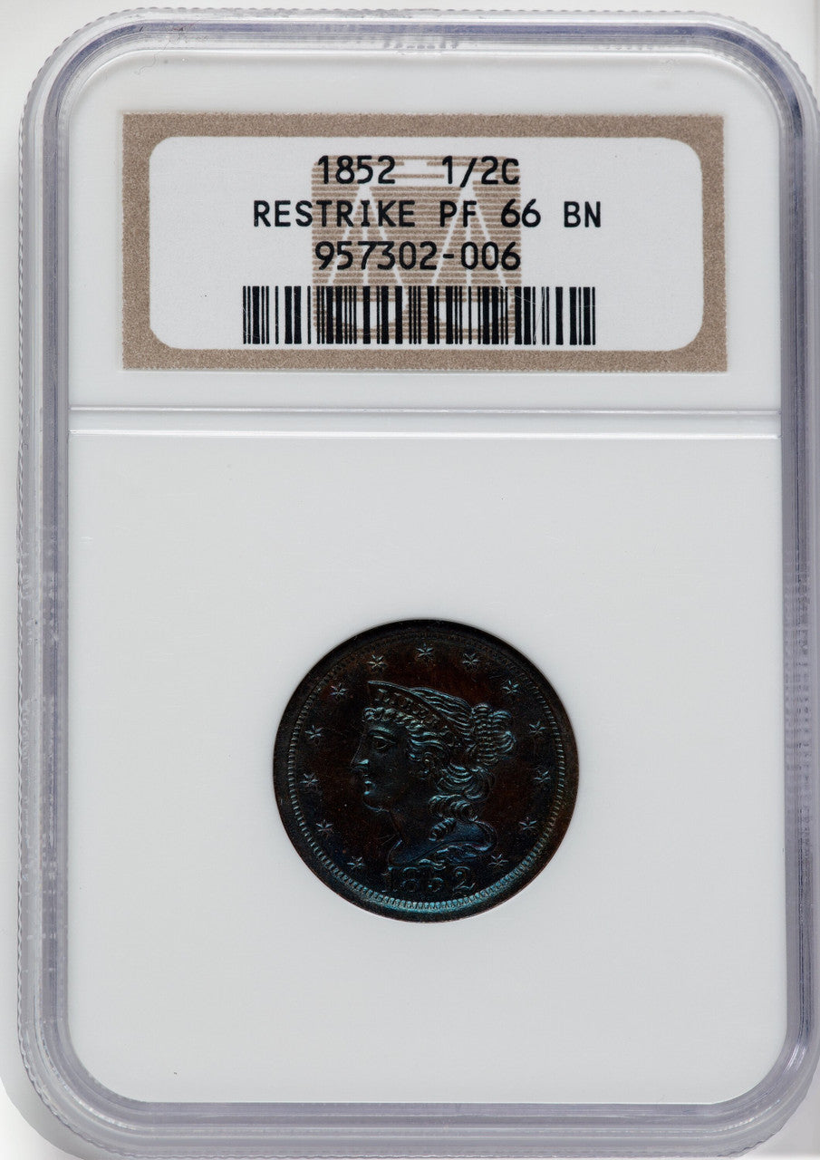 1852 1/2 C Small Berries Reverse of 1856 First Restrike B-2 BN Proof Half Cent NGC PR66