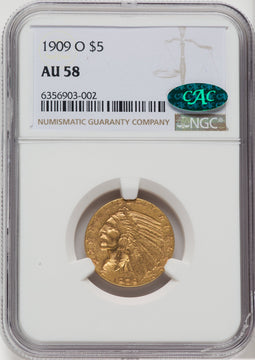 1909-O $5 CAC Indian Half Eagle NGC AU58