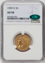 1909-O $5 CAC Indian Half Eagle NGC AU58