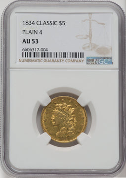 1834 $5 PLAIN 4 Classic Half Eagle NGC AU53